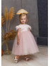 Feather Sleeve Blush Satin Tulle V Back Flower Girl Dress